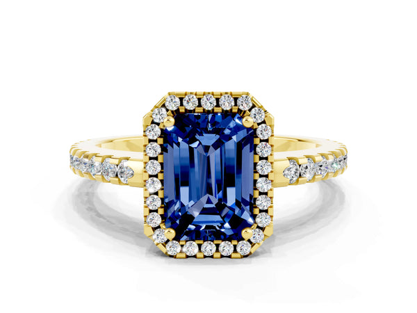 Yellow gold Emerald Cut Blue Sapphire Halo Engagement Ring with Pavé Band and Prong Setting