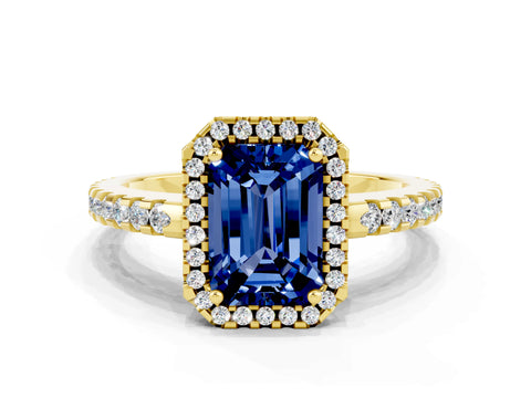 Yellow gold Emerald Cut Blue Sapphire Halo Engagement Ring with Pavé Band and Prong Setting_12