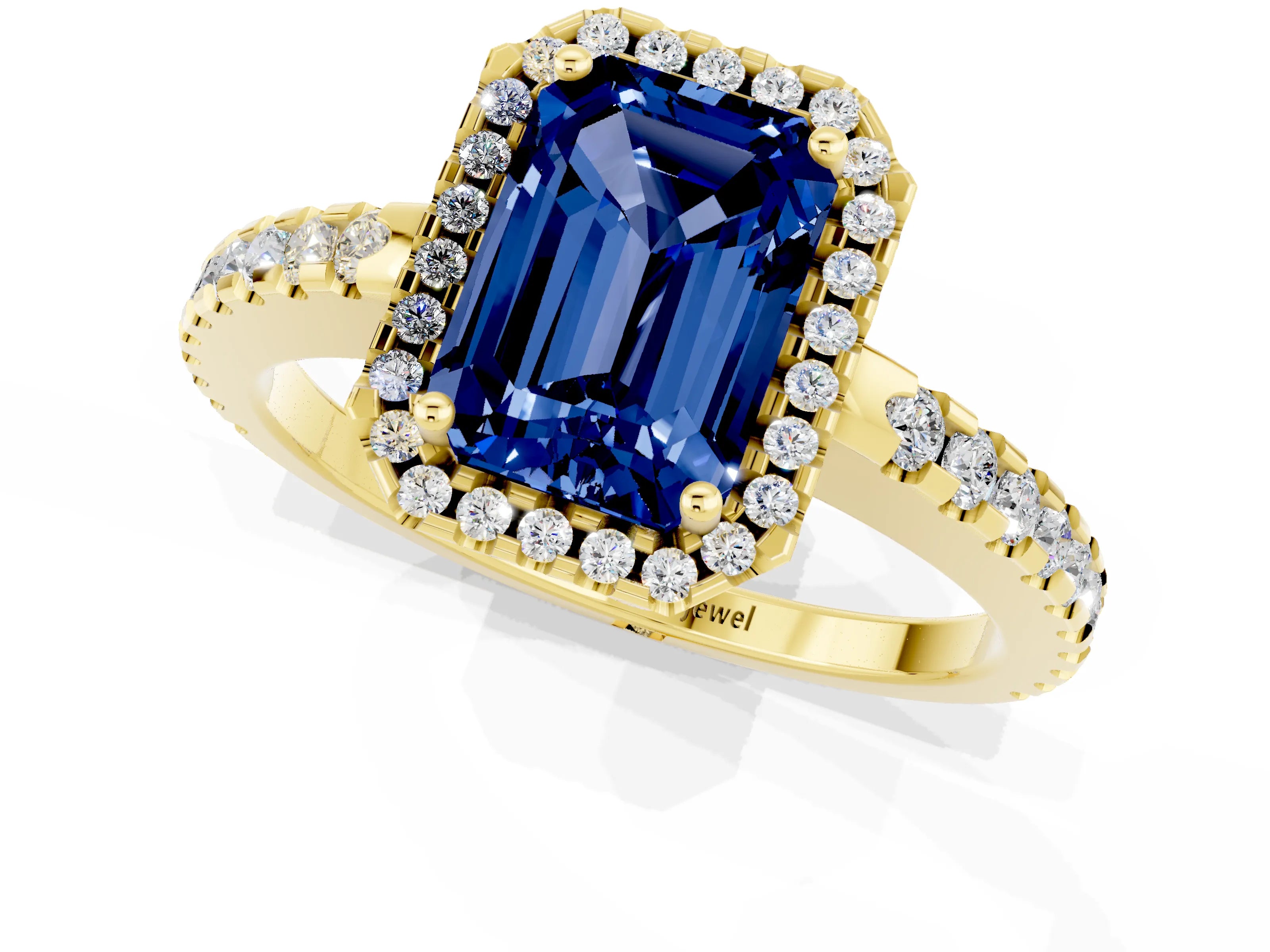 Yellow gold Emerald Cut Blue Sapphire Halo Engagement Ring with Pavé Band and Prong Setting_13