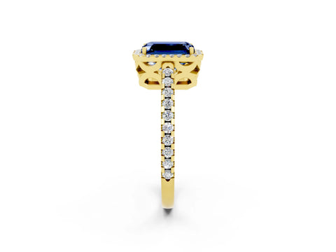 Yellow gold Emerald Cut Blue Sapphire Halo Engagement Ring with Pavé Band and Prong Setting_14