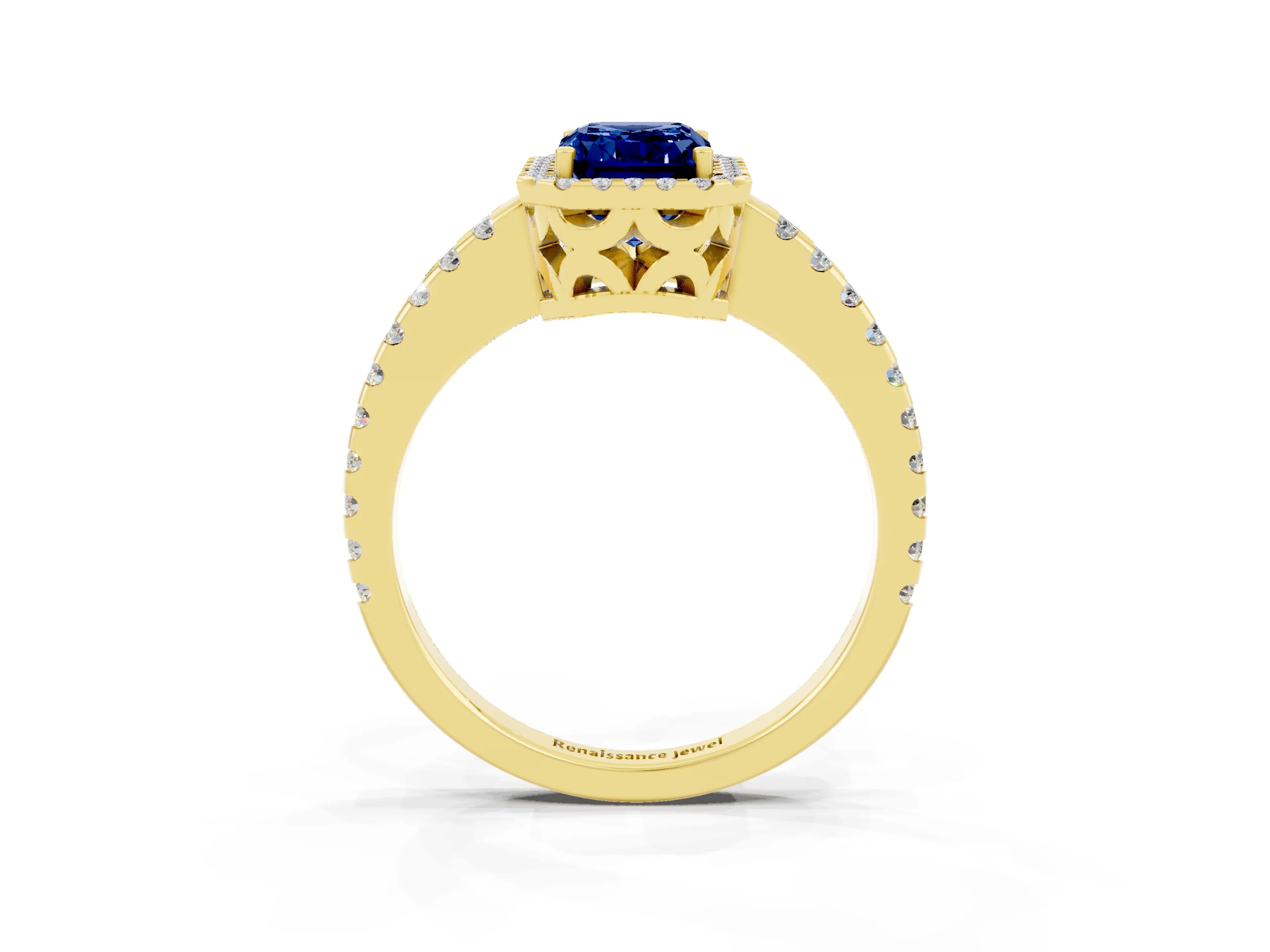 Yellow gold Emerald Cut Blue Sapphire Halo Engagement Ring with Pavé Band and Prong Setting_15