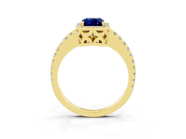 Yellow gold Emerald Cut Blue Sapphire Halo Engagement Ring with Pavé Band and Prong Setting