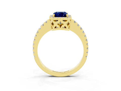 Yellow gold Emerald Cut Blue Sapphire Halo Engagement Ring with Pavé Band and Prong Setting_15