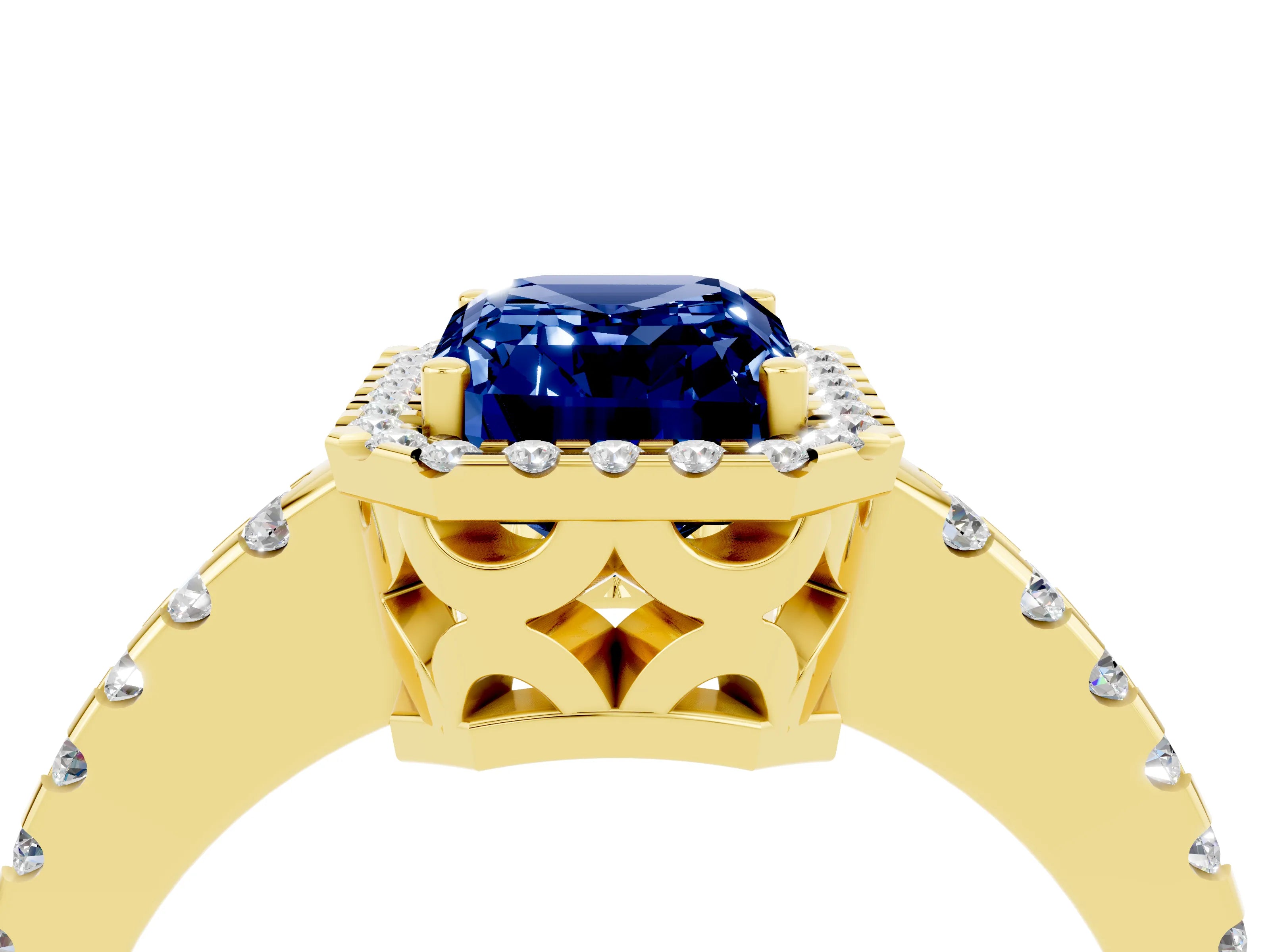 Yellow gold Emerald Cut Blue Sapphire Halo Engagement Ring with Pavé Band and Prong Setting_16