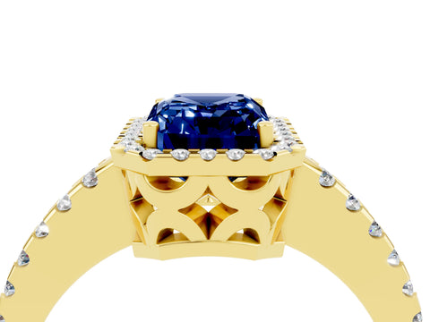 Yellow gold Emerald Cut Blue Sapphire Halo Engagement Ring with Pavé Band and Prong Setting_16