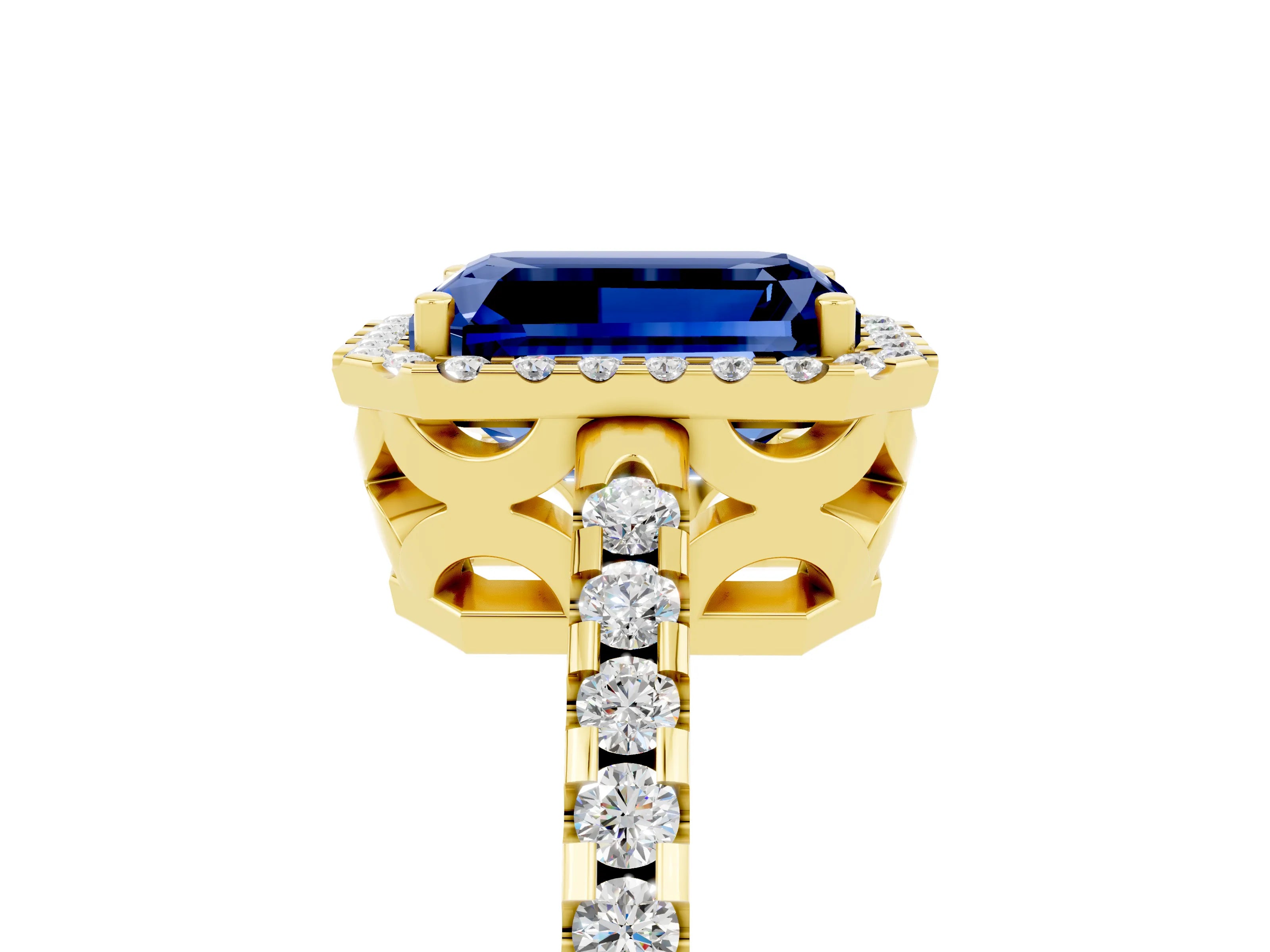 Yellow gold Emerald Cut Blue Sapphire Halo Engagement Ring with Pavé Band and Prong Setting_17