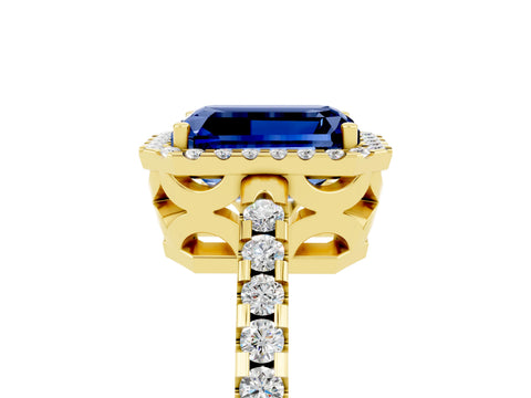 Yellow gold Emerald Cut Blue Sapphire Halo Engagement Ring with Pavé Band and Prong Setting_17