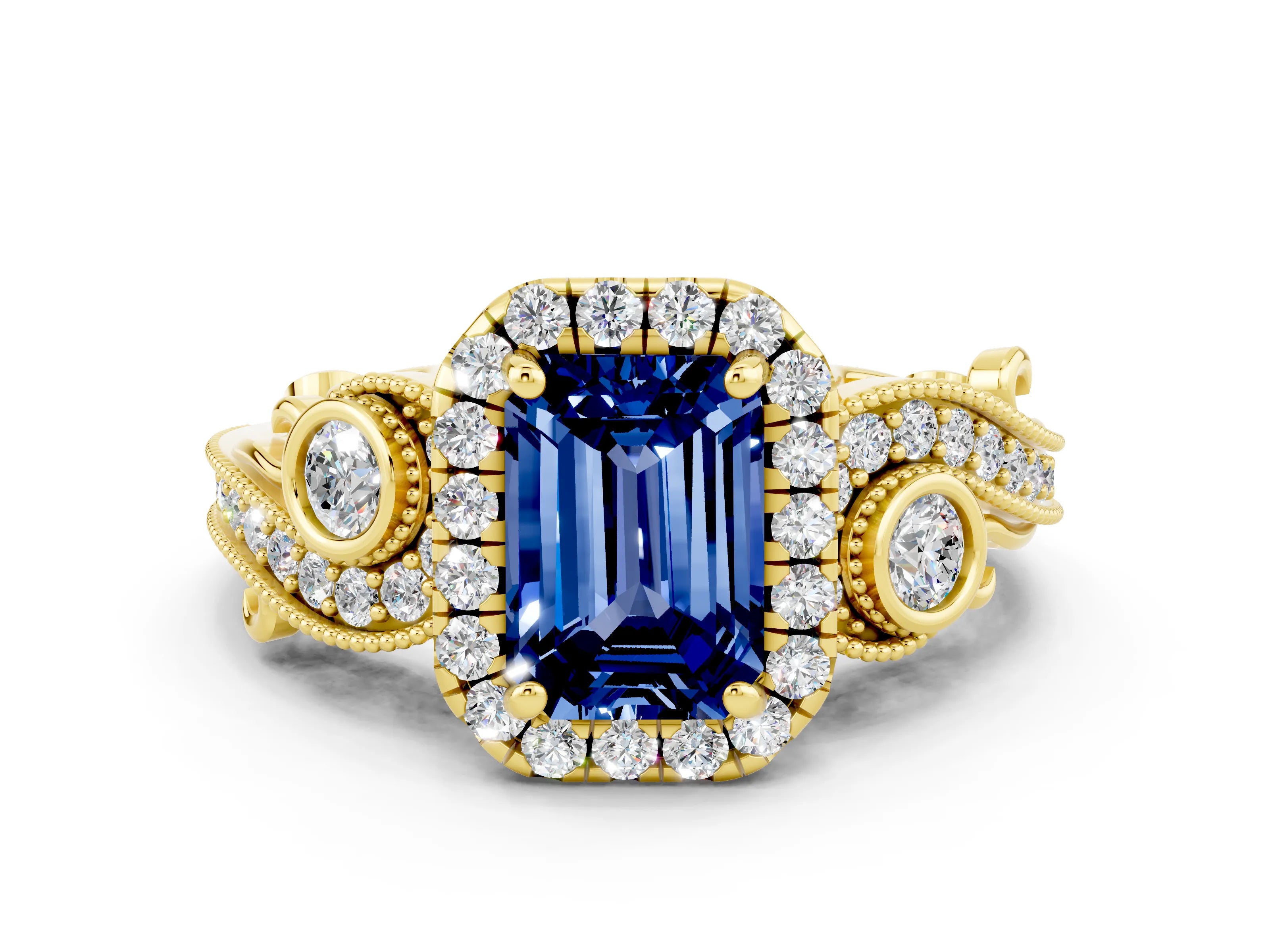 Yellow gold Emerald Cut Blue Sapphire Halo Ring with Milgrain Pavé Band and Four-Prong Setting_12
