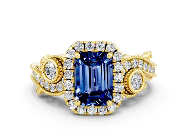 Yellow gold Emerald Cut Blue Sapphire Halo Ring with Milgrain Pavé Band and Four-Prong Setting