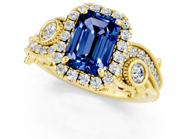 Yellow gold Emerald Cut Blue Sapphire Halo Ring with Milgrain Pavé Band and Four-Prong Setting