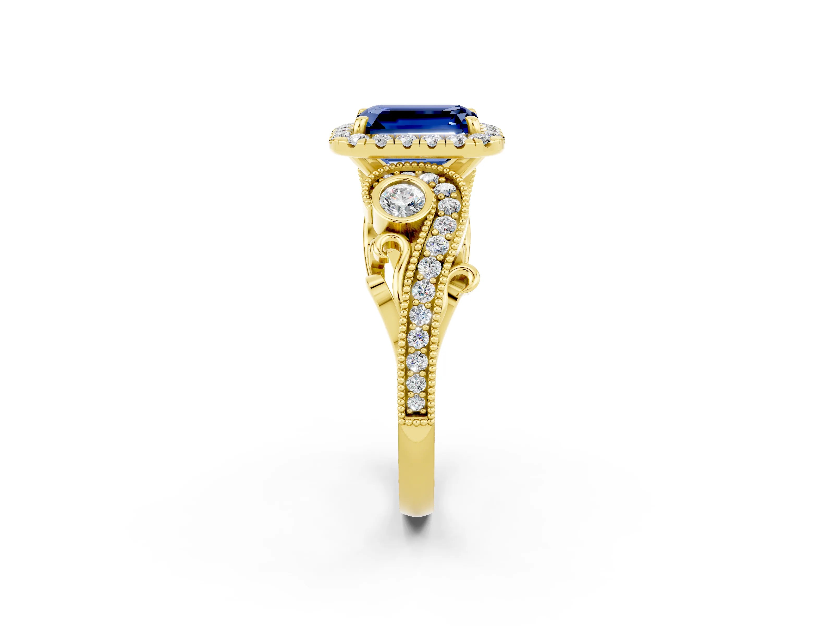 Yellow gold Emerald Cut Blue Sapphire Halo Ring with Milgrain Pavé Band and Four-Prong Setting_14
