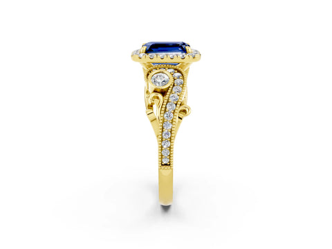 Yellow gold Emerald Cut Blue Sapphire Halo Ring with Milgrain Pavé Band and Four-Prong Setting_14
