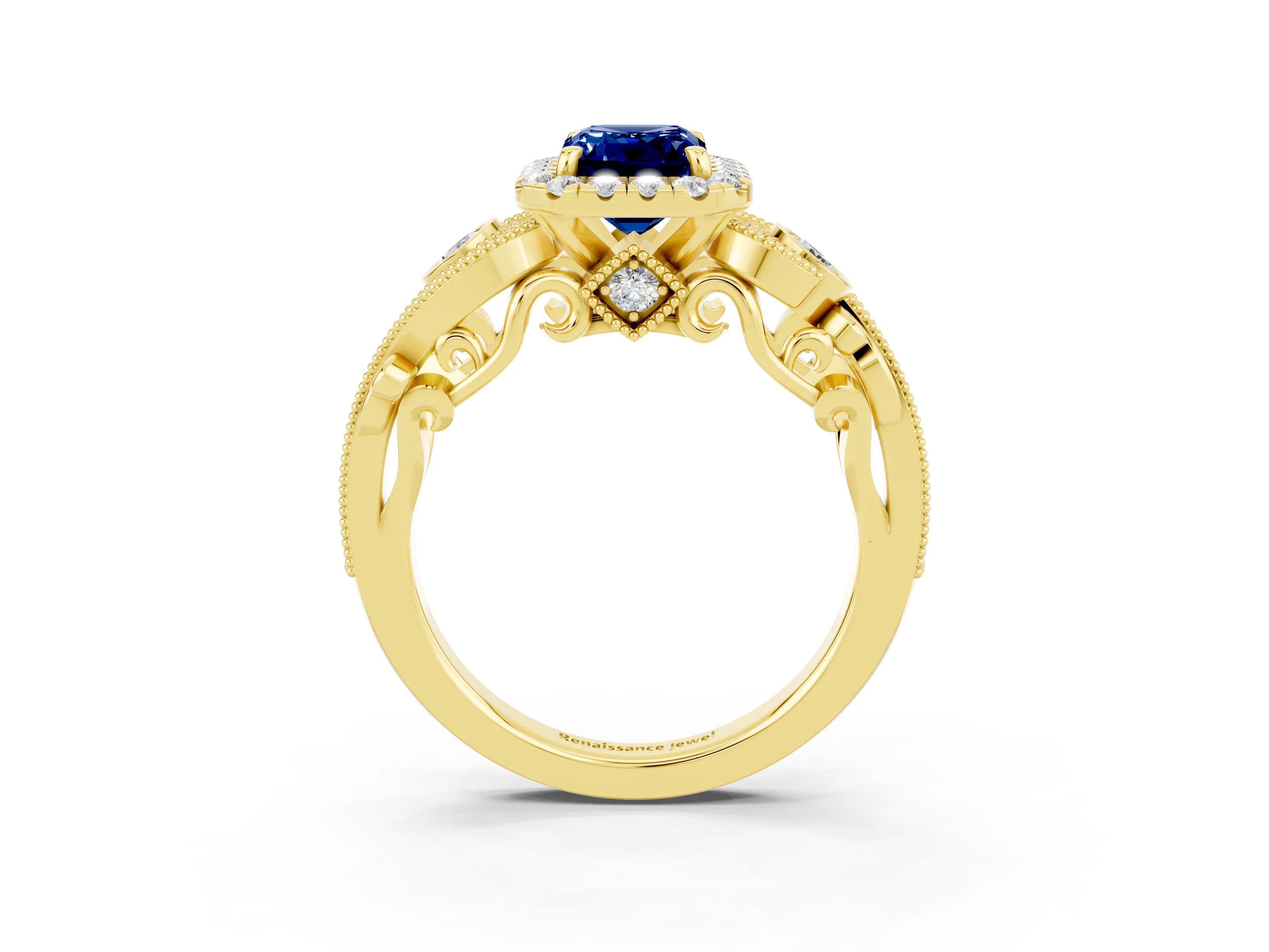Yellow gold Emerald Cut Blue Sapphire Halo Ring with Milgrain Pavé Band and Four-Prong Setting_15