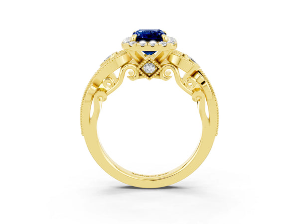 Yellow gold Emerald Cut Blue Sapphire Halo Ring with Milgrain Pavé Band and Four-Prong Setting