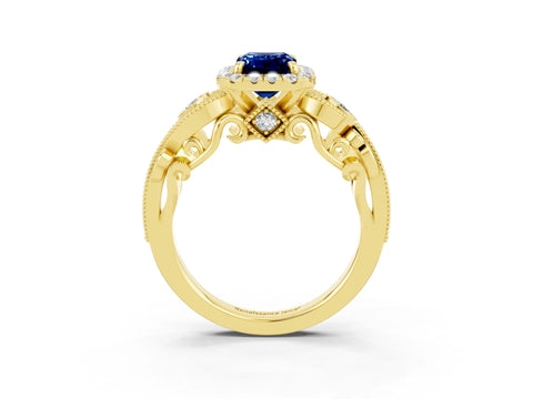 Yellow gold Emerald Cut Blue Sapphire Halo Ring with Milgrain Pavé Band and Four-Prong Setting_15