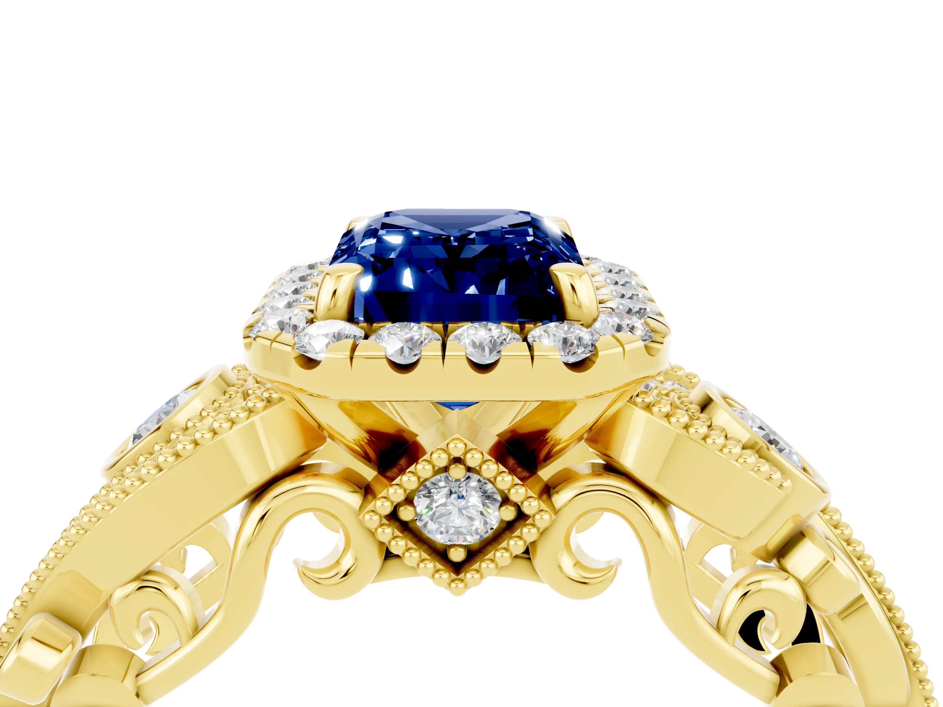 Yellow gold Emerald Cut Blue Sapphire Halo Ring with Milgrain Pavé Band and Four-Prong Setting_16