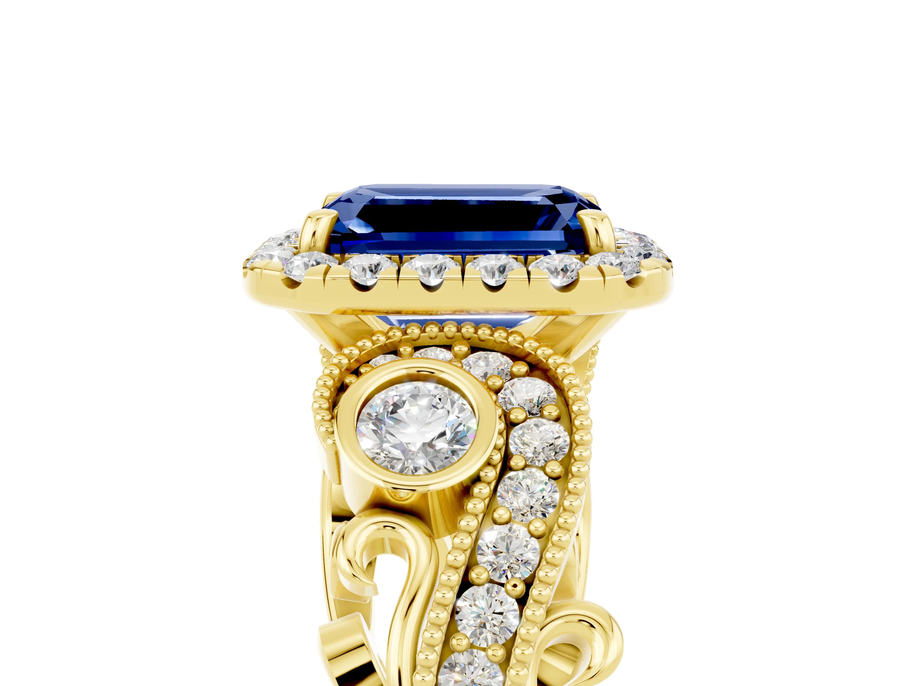 Yellow gold Emerald Cut Blue Sapphire Halo Ring with Milgrain Pavé Band and Four-Prong Setting_17