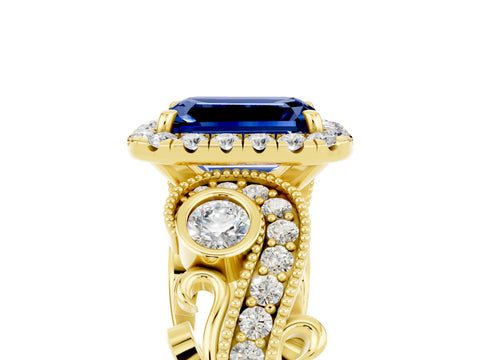 Yellow gold Emerald Cut Blue Sapphire Halo Ring with Milgrain Pavé Band and Four-Prong Setting_17