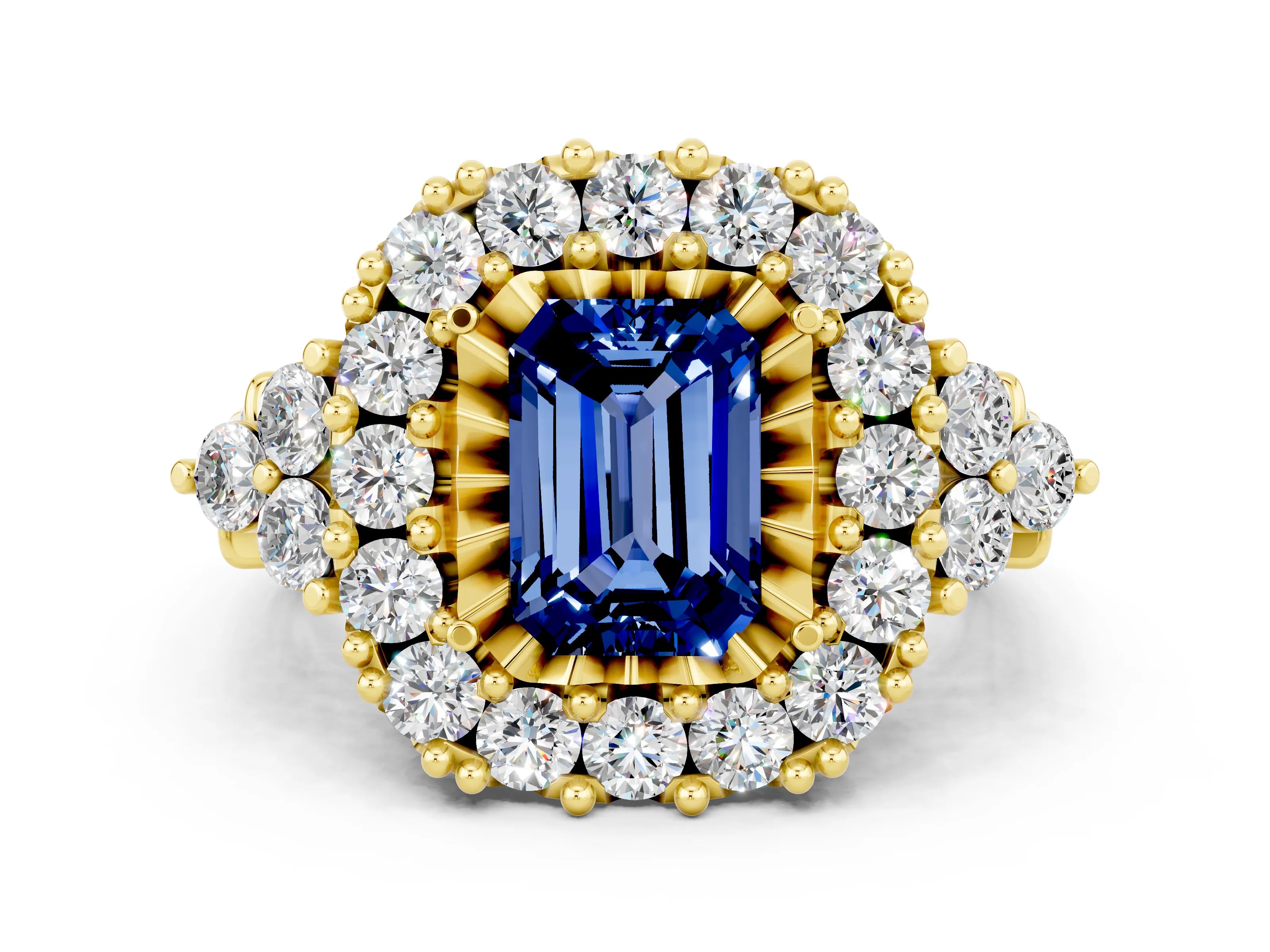 Yellow gold Emerald Cut Blue Sapphire Halo Ring with Pavé Band and Four-Prong Setting_12