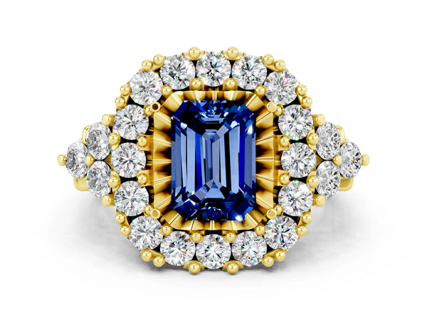 Yellow gold Emerald Cut Blue Sapphire Halo Ring with Pavé Band and Four-Prong Setting