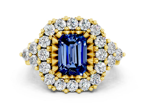 Yellow gold Emerald Cut Blue Sapphire Halo Ring with Pavé Band and Four-Prong Setting_12