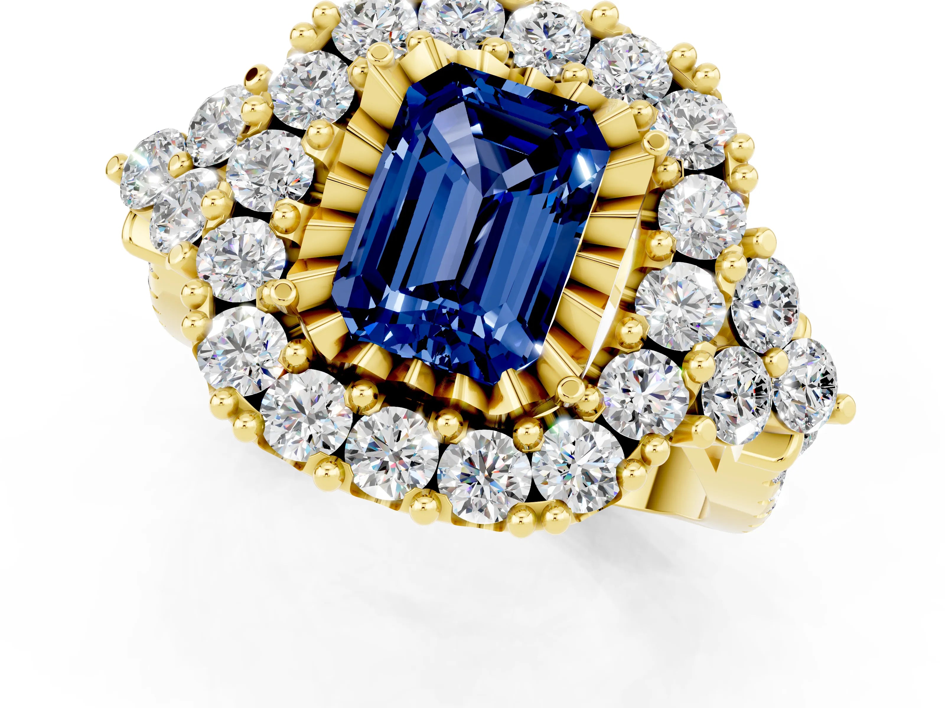 Yellow gold Emerald Cut Blue Sapphire Halo Ring with Pavé Band and Four-Prong Setting_13