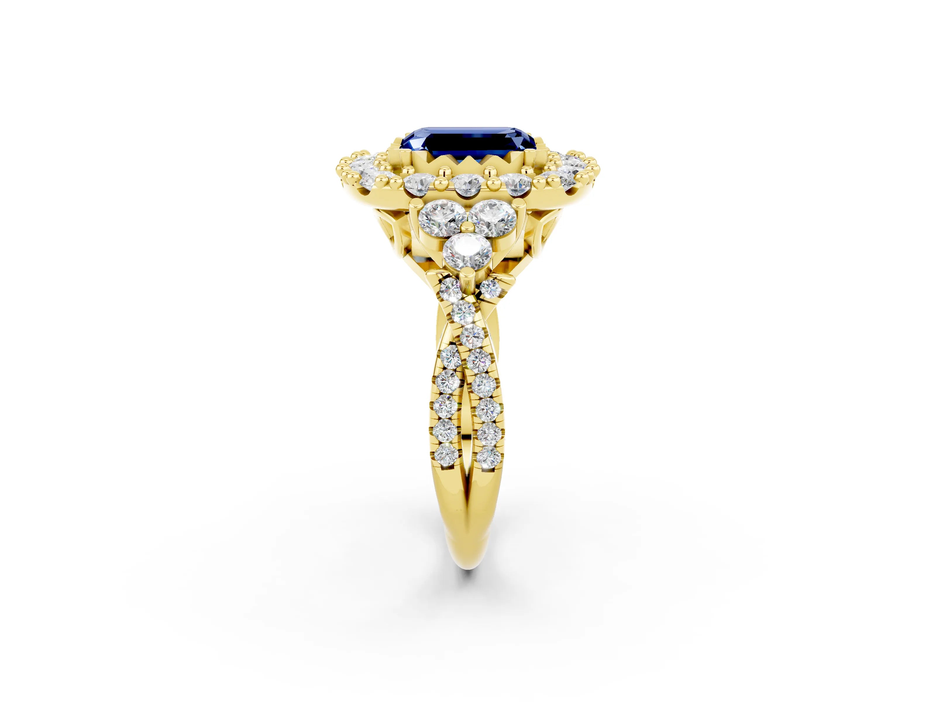 Yellow gold Emerald Cut Blue Sapphire Halo Ring with Pavé Band and Four-Prong Setting_14