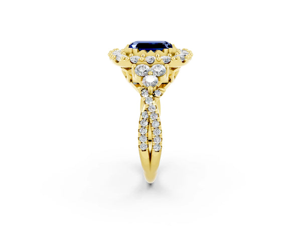 Yellow gold Emerald Cut Blue Sapphire Halo Ring with Pavé Band and Four-Prong Setting