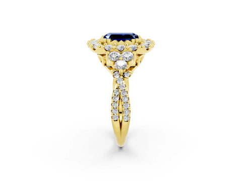 Yellow gold Emerald Cut Blue Sapphire Halo Ring with Pavé Band and Four-Prong Setting_14