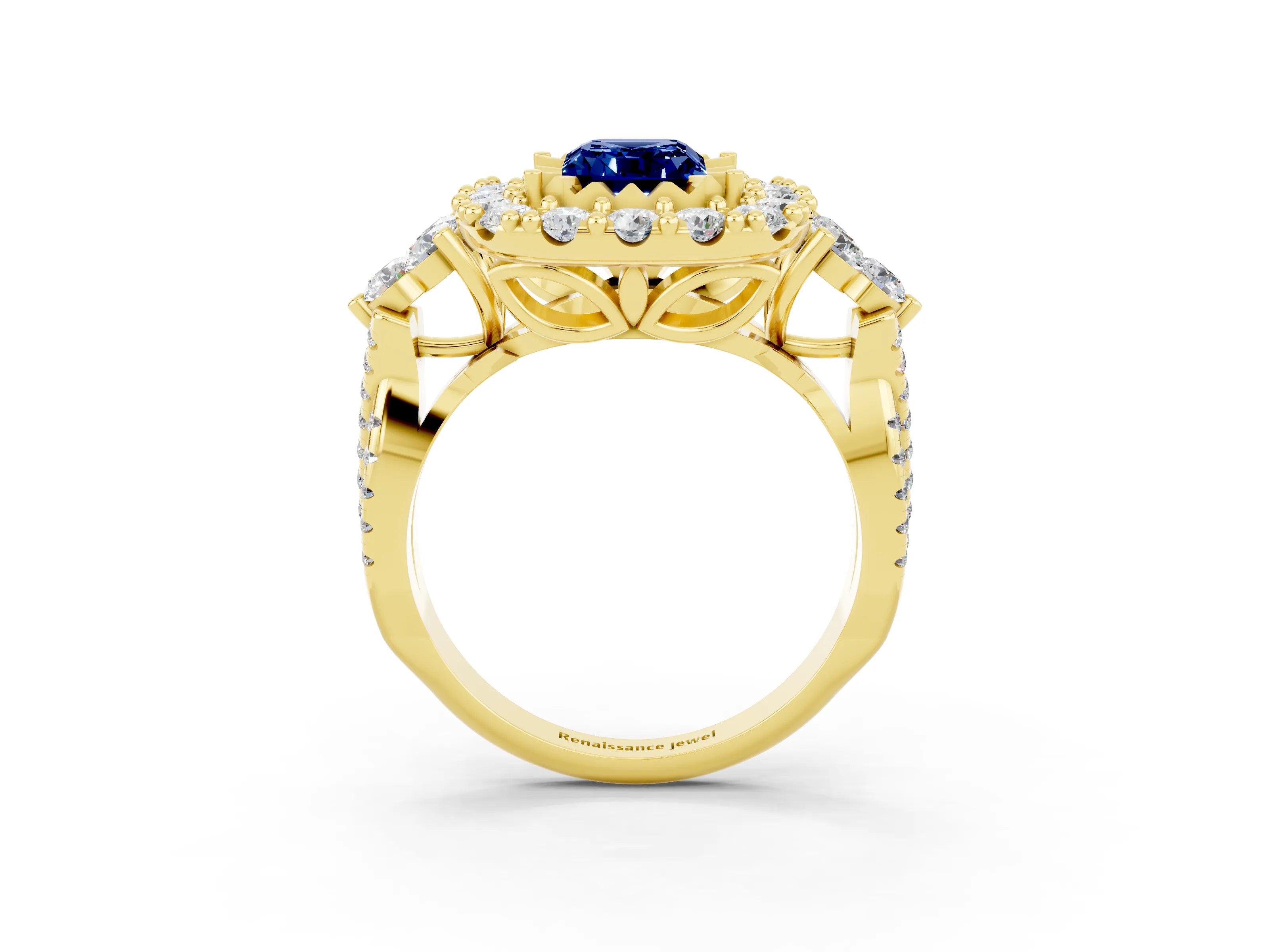 Yellow gold Emerald Cut Blue Sapphire Halo Ring with Pavé Band and Four-Prong Setting_15