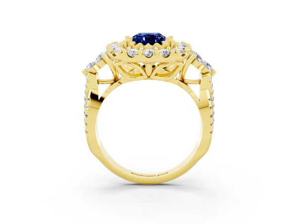 Yellow gold Emerald Cut Blue Sapphire Halo Ring with Pavé Band and Four-Prong Setting