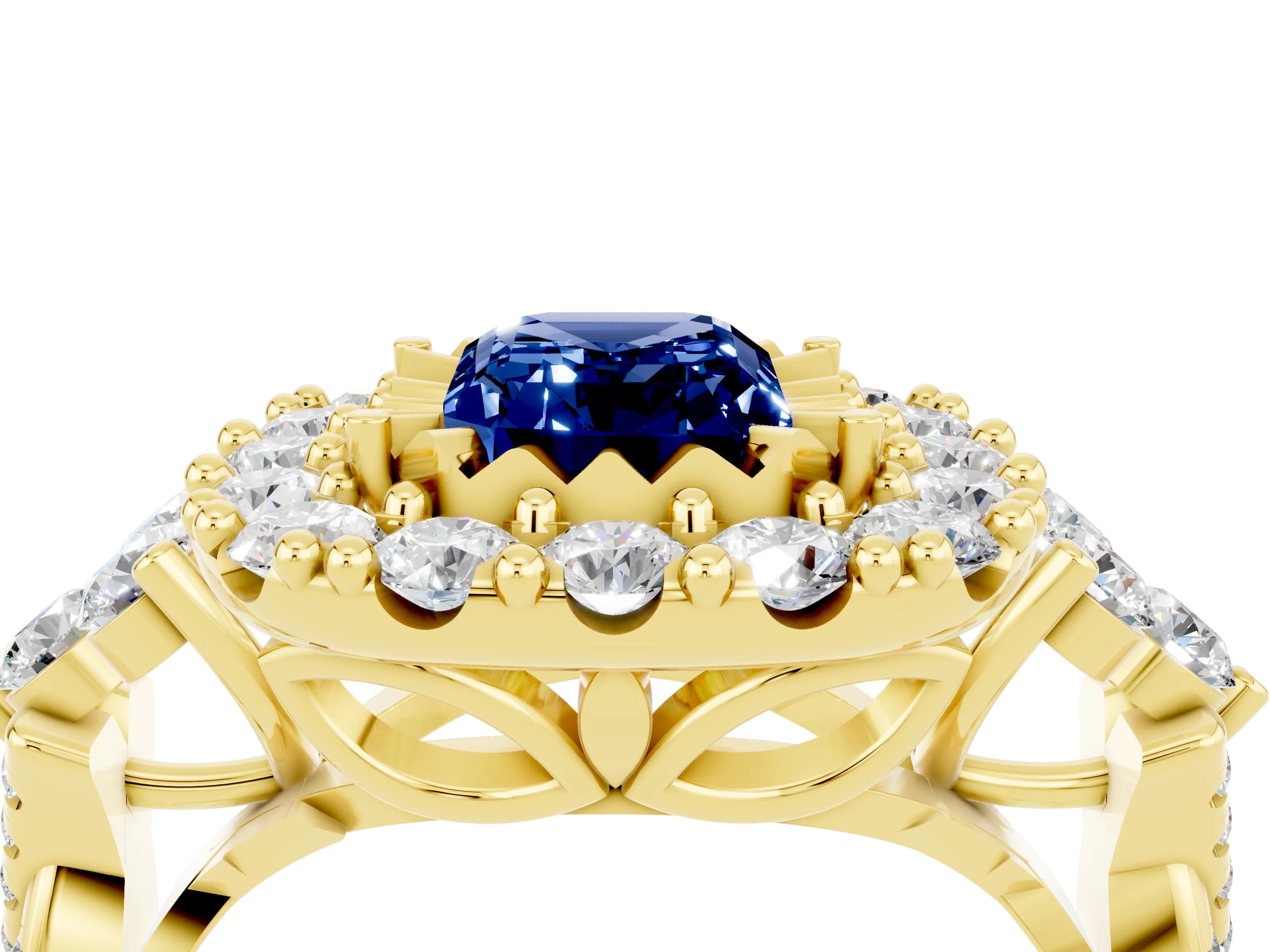 Yellow gold Emerald Cut Blue Sapphire Halo Ring with Pavé Band and Four-Prong Setting_16