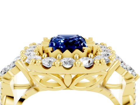 Yellow gold Emerald Cut Blue Sapphire Halo Ring with Pavé Band and Four-Prong Setting_16