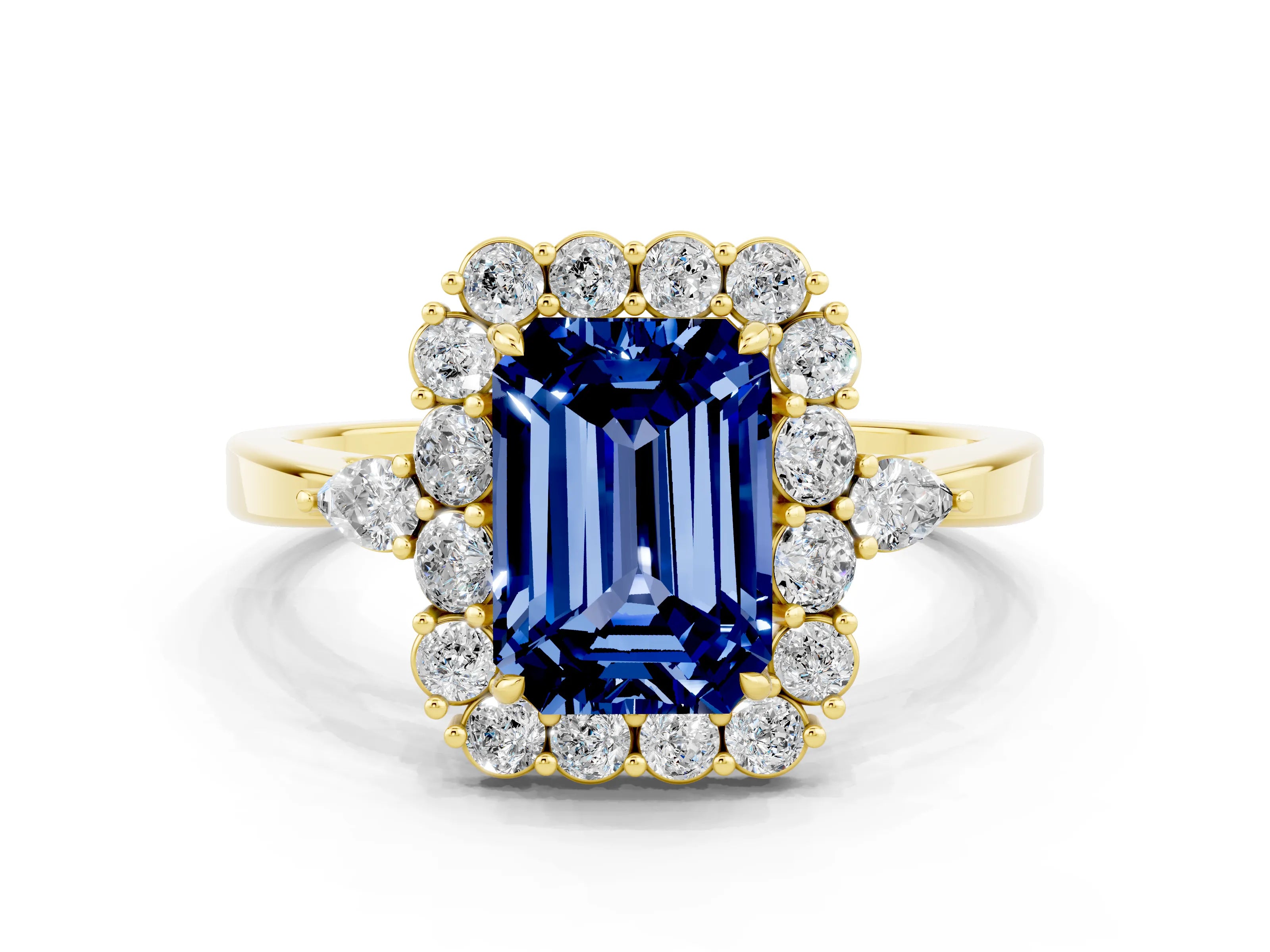 Yellow gold Emerald Cut Blue Sapphire Halo Ring with Pear Side Stones and Prong Setting_12