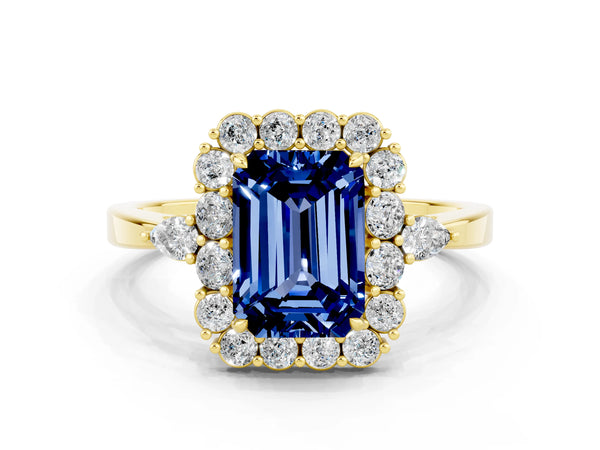 Yellow gold Emerald Cut Blue Sapphire Halo Ring with Pear Side Stones and Prong Setting