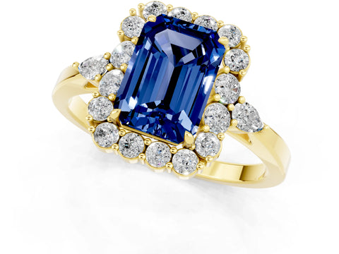 Yellow gold Emerald Cut Blue Sapphire Halo Ring with Pear Side Stones and Prong Setting_13