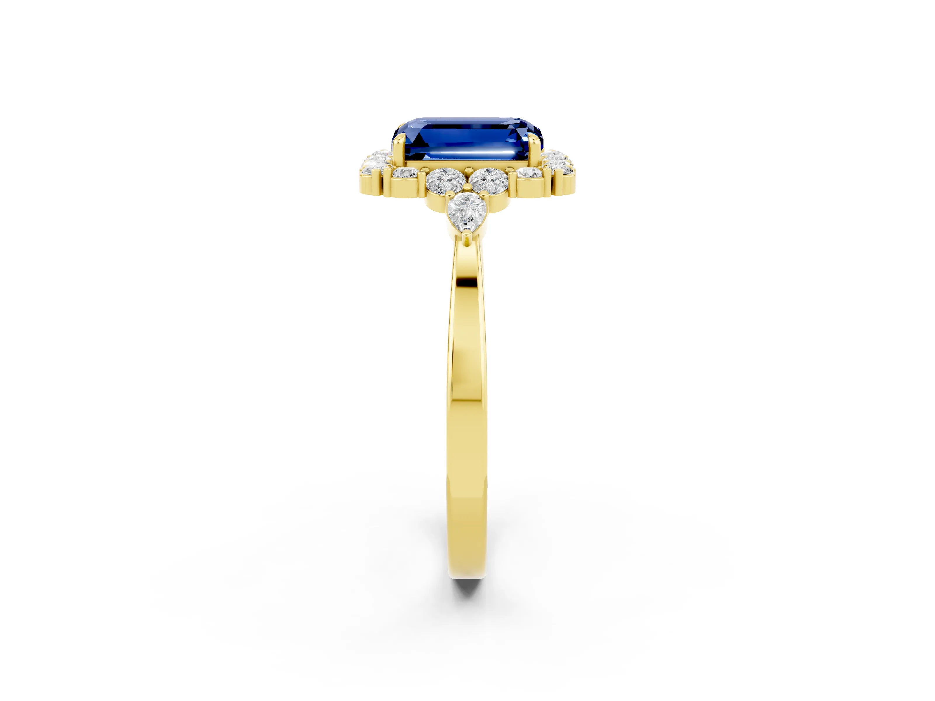 Yellow gold Emerald Cut Blue Sapphire Halo Ring with Pear Side Stones and Prong Setting_14