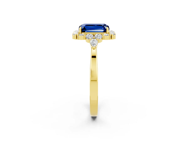 Yellow gold Emerald Cut Blue Sapphire Halo Ring with Pear Side Stones and Prong Setting