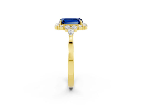 Yellow gold Emerald Cut Blue Sapphire Halo Ring with Pear Side Stones and Prong Setting_14