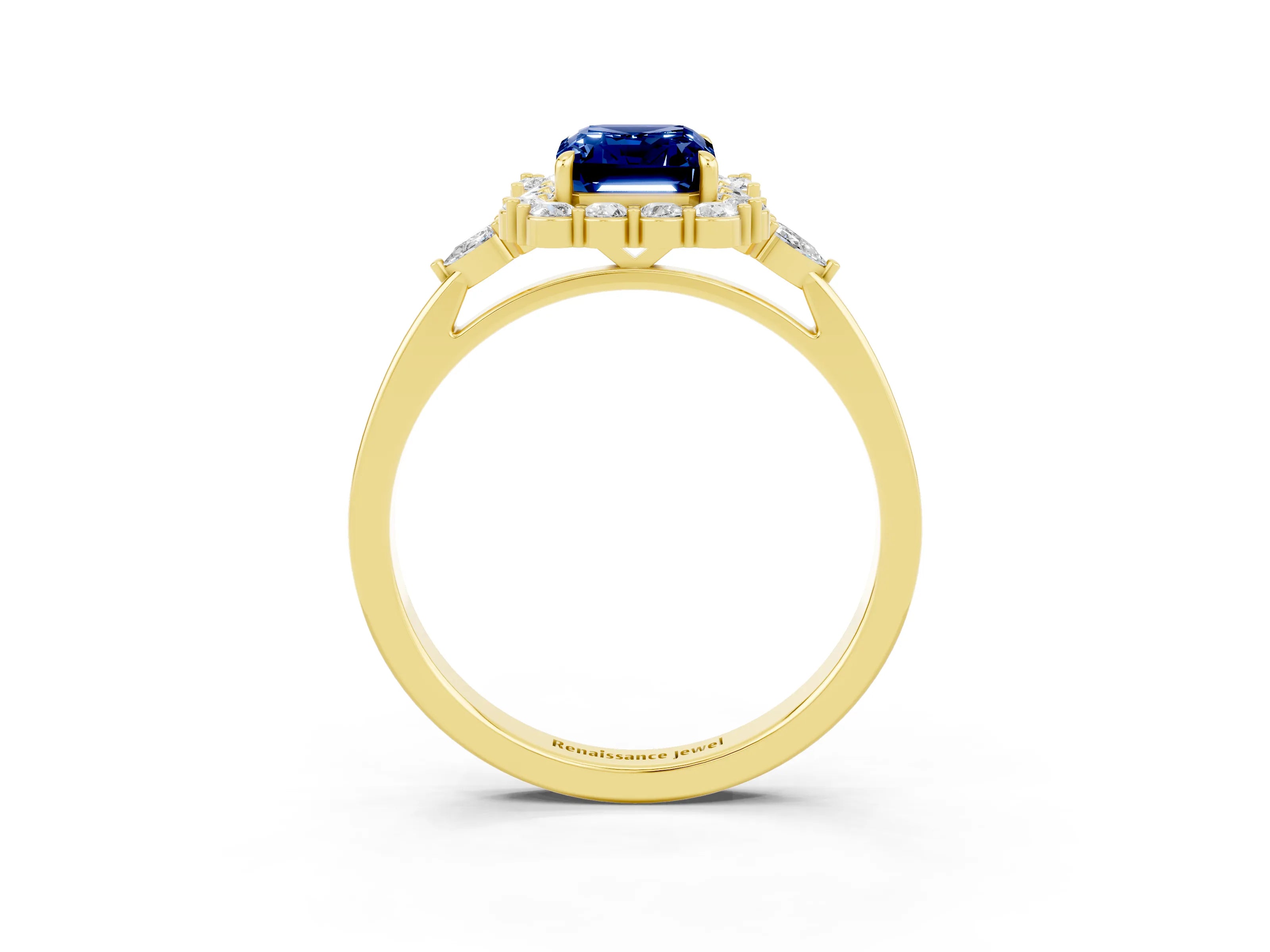 Yellow gold Emerald Cut Blue Sapphire Halo Ring with Pear Side Stones and Prong Setting_15