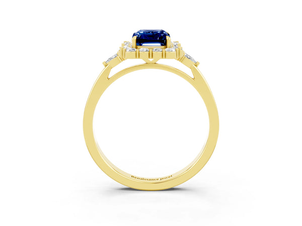Yellow gold Emerald Cut Blue Sapphire Halo Ring with Pear Side Stones and Prong Setting