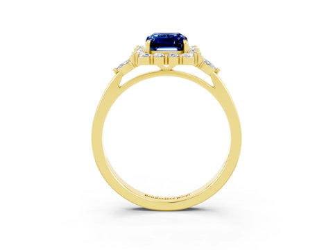 Yellow gold Emerald Cut Blue Sapphire Halo Ring with Pear Side Stones and Prong Setting_15