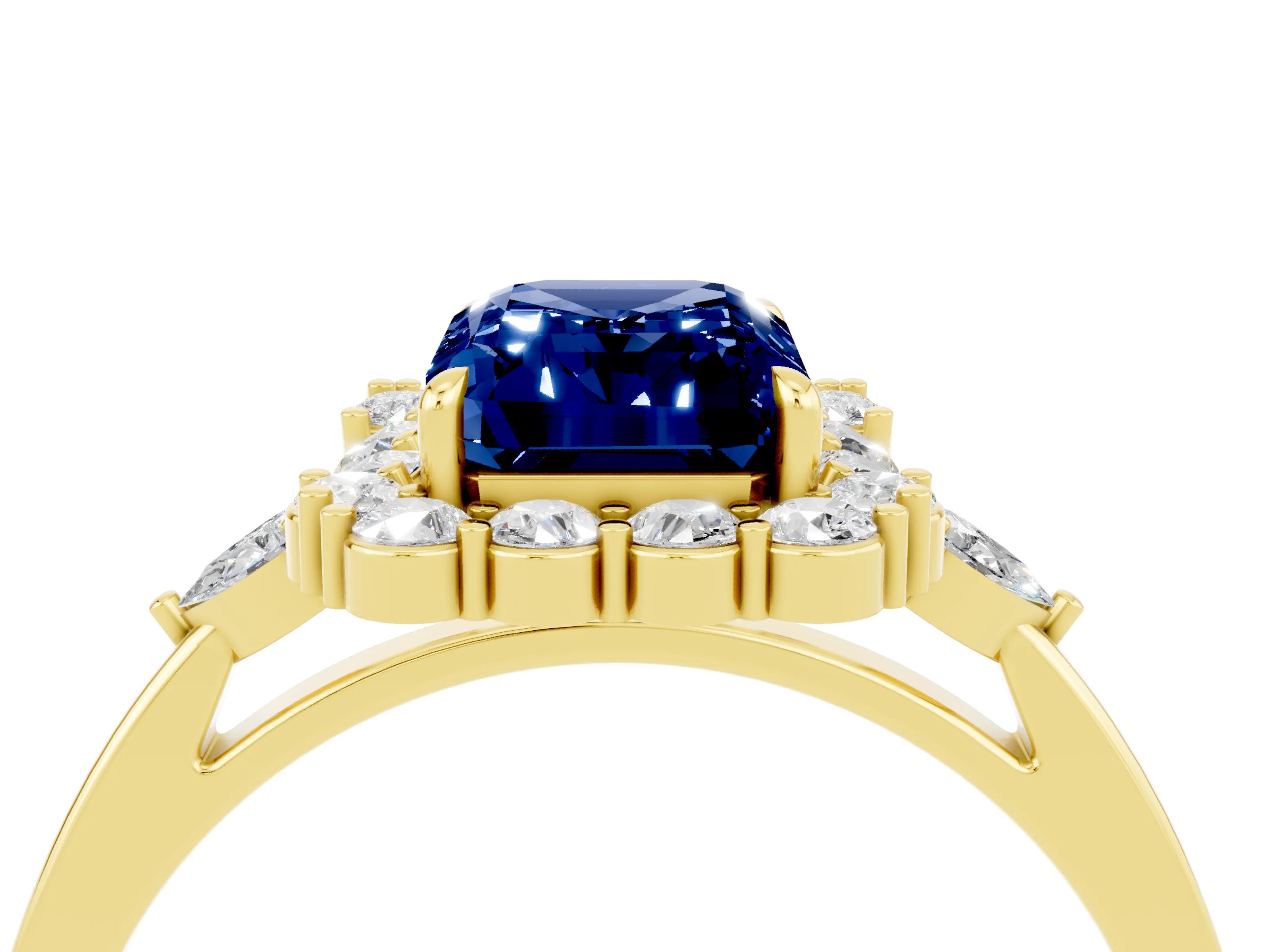 Yellow gold Emerald Cut Blue Sapphire Halo Ring with Pear Side Stones and Prong Setting_16