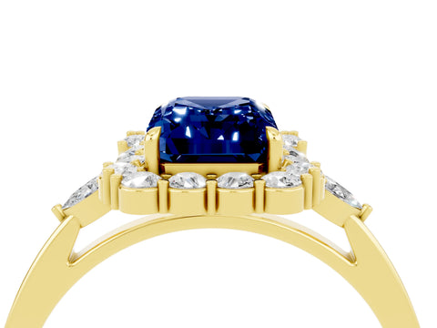 Yellow gold Emerald Cut Blue Sapphire Halo Ring with Pear Side Stones and Prong Setting_16