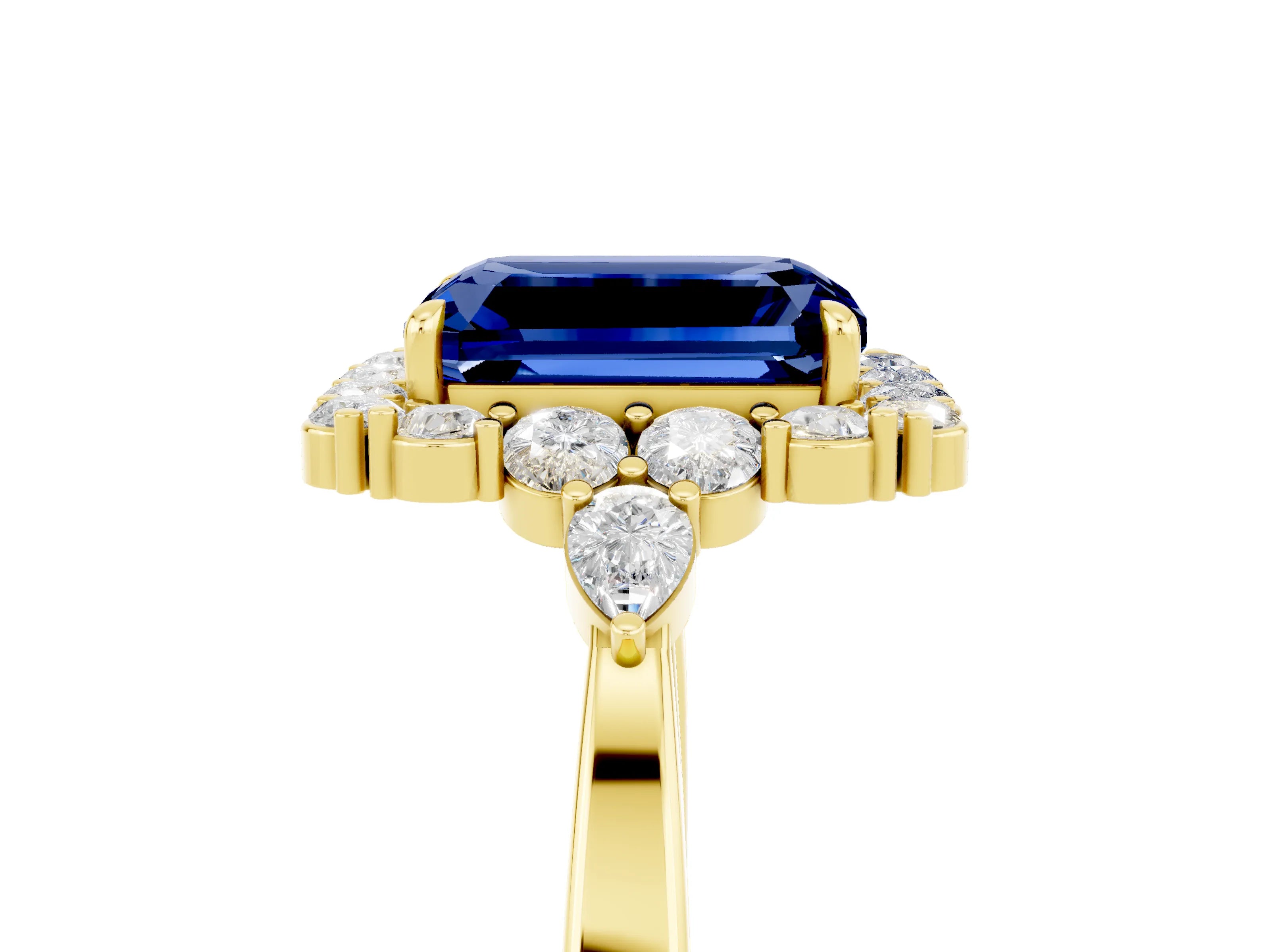 Yellow gold Emerald Cut Blue Sapphire Halo Ring with Pear Side Stones and Prong Setting_17