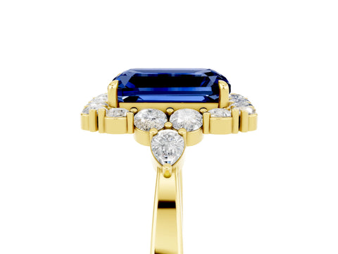 Yellow gold Emerald Cut Blue Sapphire Halo Ring with Pear Side Stones and Prong Setting_17