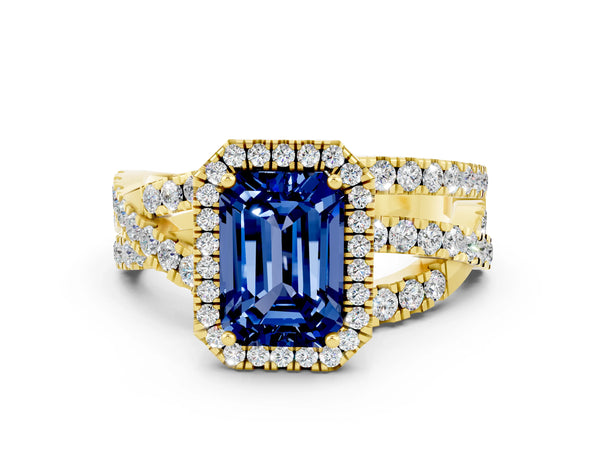 Yellow gold Emerald Cut Blue Sapphire Halo Ring with Round Split Shank and Prong Setting