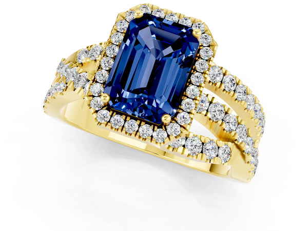 Yellow gold Emerald Cut Blue Sapphire Halo Ring with Round Split Shank and Prong Setting