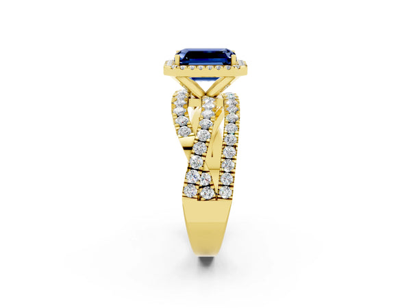 Yellow gold Emerald Cut Blue Sapphire Halo Ring with Round Split Shank and Prong Setting