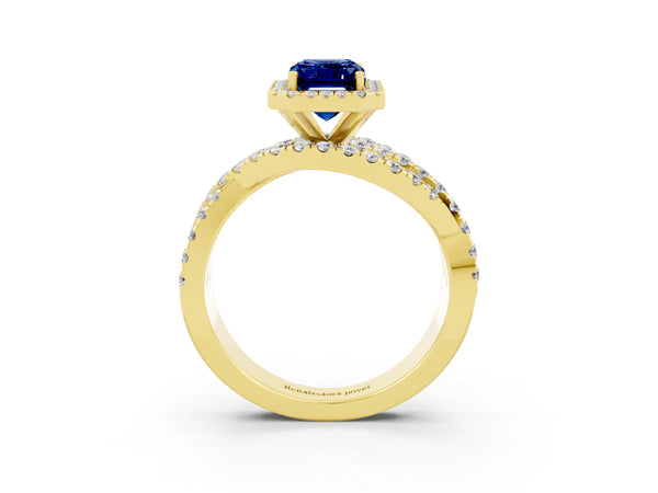Yellow gold Emerald Cut Blue Sapphire Halo Ring with Round Split Shank and Prong Setting